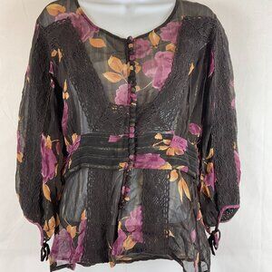 Kit Cornell Y2K Style Top 6 Black Purple Beige Floral Gold Stripe Semi-Sheer Lac